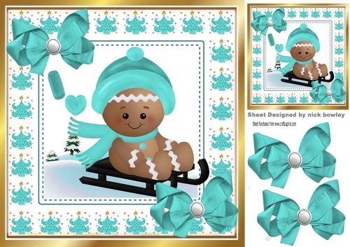 Cute Gingerbread in the  snow  with turq bows 8x8 (one)