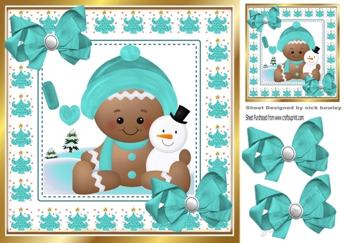 Cute Gingerbread in the  snow  with turq bows 8x8 (two)