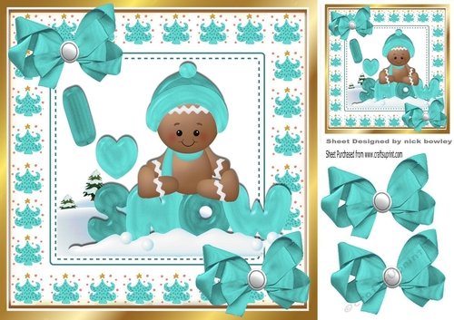 Cute Gingerbread in the  snow  with turq bows 8x8 (three)