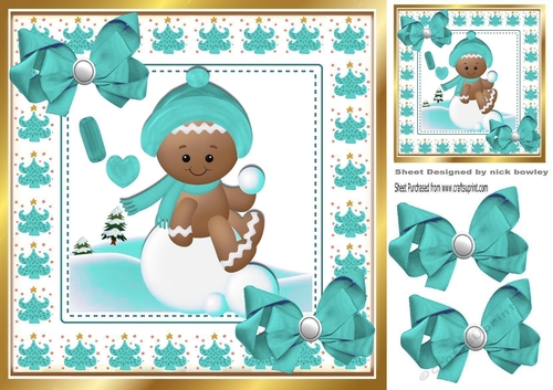 Cute Gingerbread in the  snow  with turq bows 8x8 (four)