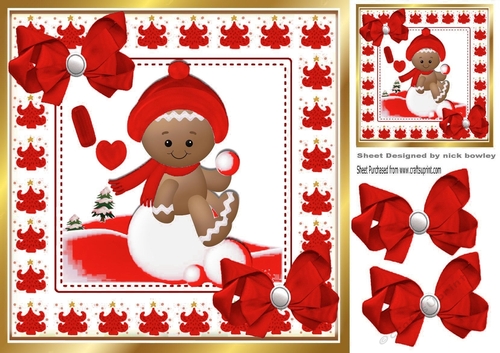 Cute Gingerbread in the  snow  with red bows 8x8 (one)