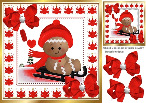 Cute Gingerbread in the  snow  with red bows 8x8 (two)