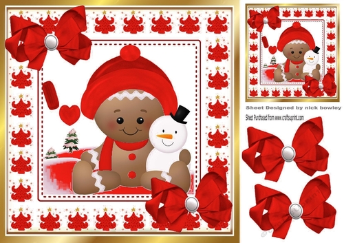 Cute Gingerbread in the  snow  with red bows 8x8 (three)