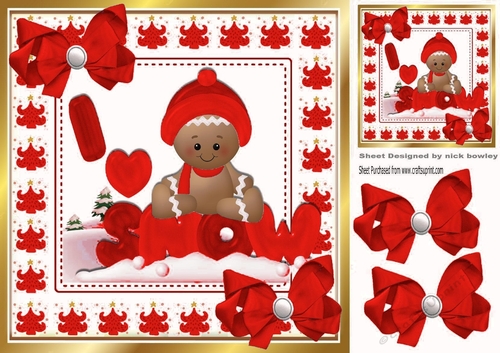 Cute Gingerbread in the  snow  with red bows 8x8 (four)