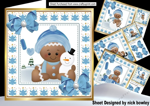  4 Cute Gingerbread card fronts in the  snow  with blue bows 8x8 mini kit 