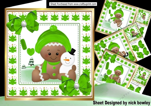 4 Cute Gingerbread card fronts in the  snow  with green bows 8x8 mini kit