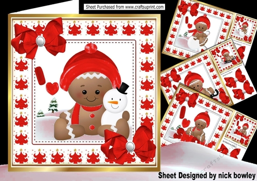 4 Cute Gingerbread card fronts in the  snow  with red bows 8x8 mini kit