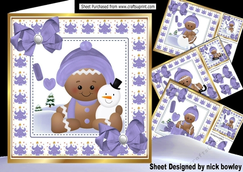 4 Cute Gingerbread card fronts in the  snow  with purple bows 8x8 mini kit