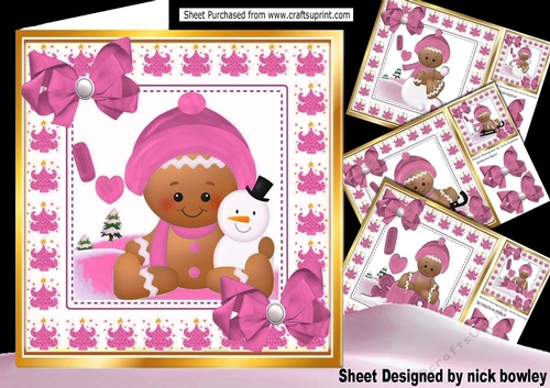 4 Cute Gingerbread card fronts in the  snow  with pink bows 8x8 mini kit