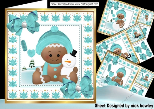 4 Cute Gingerbread card fronts in the  snow  with turq bows 8x8 mini kit