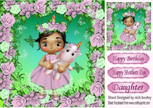 sweet little girl holding a unicorn, in pink rose frame 8x8