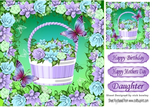 Basket of pretty purple shade roses in frame with butterflies 8x8