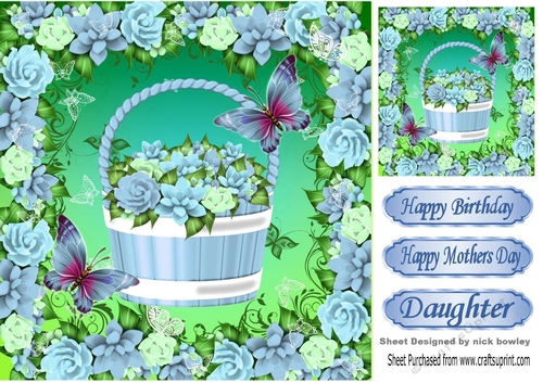 Basket of pretty blue shade roses in frame with butterflies 8x8