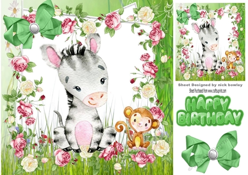 Cute water colour zebra  little monkey in flower frame 8x8