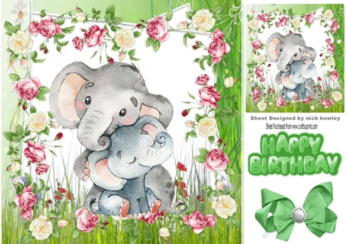 Cute water colour cuddling elephants in flower frame with bow 8x8