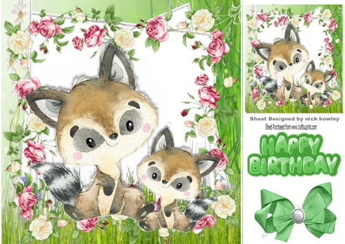 Cute water colour cuddling Raccoons in flower frame with bow 8x8