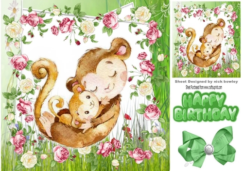Cute water colour cuddling monkey & baby in flower frame with bow 8x8