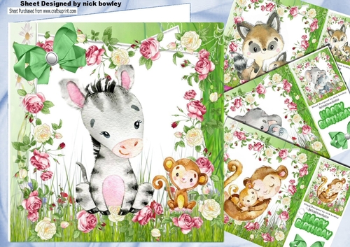  4 Cute water colour animal card fronts in flower frames with bows 8x8 mini kit