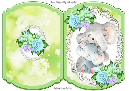 Cute cuddling eles on lace with pretty flowers bracket card