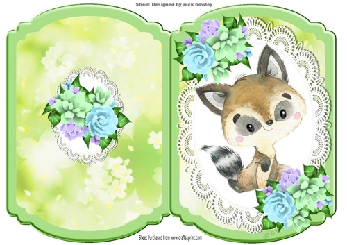 Cute Raccoon  on lace with pretty flowers bracket card
