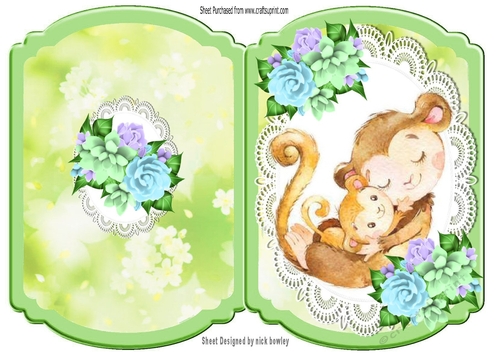 Cute monkey cuddling baby  on lace with pretty flowers bracket card