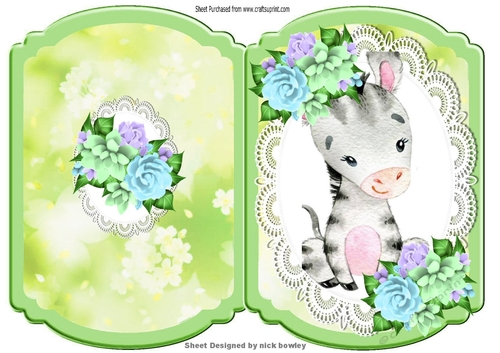 Cute water colour zebra  on lace with pretty flowers bracket card