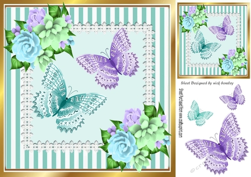 Pretty floral corners with lilac/turq butterflies/lace & stripe 8x8 frame
