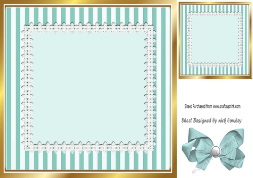 Pretty turq stripe with lace and bow card front 8x8