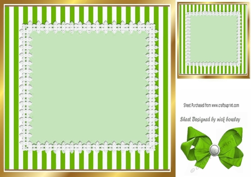 Pretty green stripe with lace and bow card front 8x8