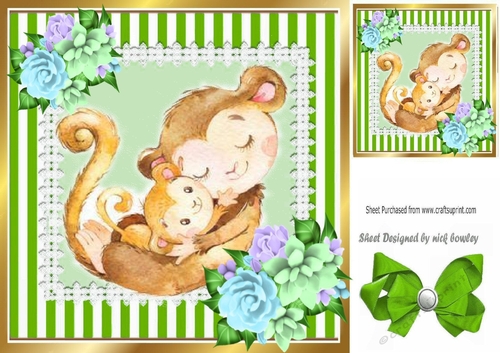 Cute mum and baby monkey elephant cuddling in stripe lace 8x8 frame