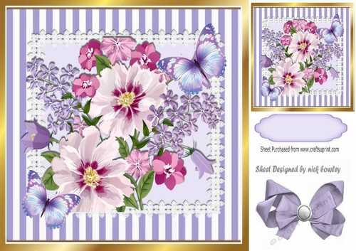 pretty lilac/pink flowers with butterflies & bow in stripe lace 8x8 frame
