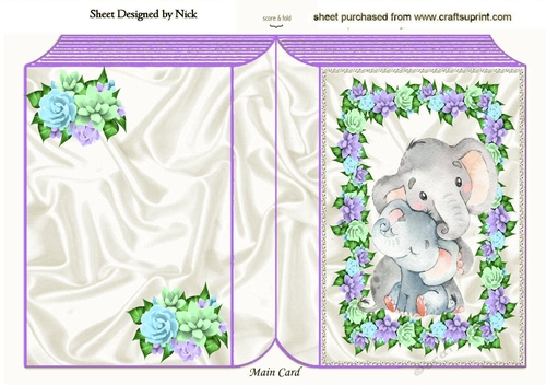 Pretty Floral book card with cuddling ele and baby 