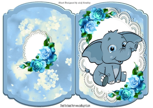 Cute baby elephant on lace with blue roses bracket card
