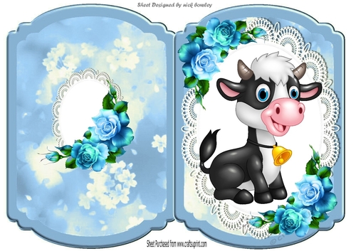 Cute baby calf on lace with blue roses bracket card