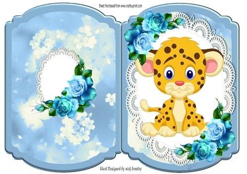 Cute baby leopard on lace with blue roses bracket card