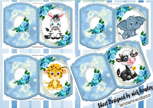  4 Cute Animals on lace with blue roses bracket cards mini kit