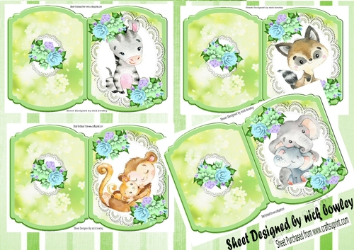  4 Cute cuddling animals on lace with pretty flowers green bracket card mini kit