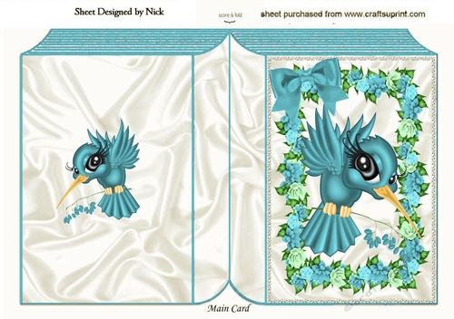 Pretty toon turq humming bird with flowers and bow folded book