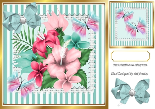 Tropical pink flowers with exotic butterflies in stripe 8x8 frame
