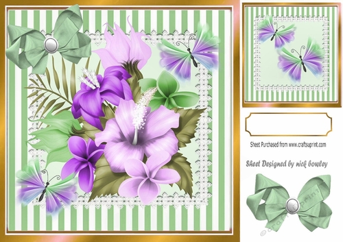 Tropical lilac flowers with exotic butterflies in stripe 8x8 frame