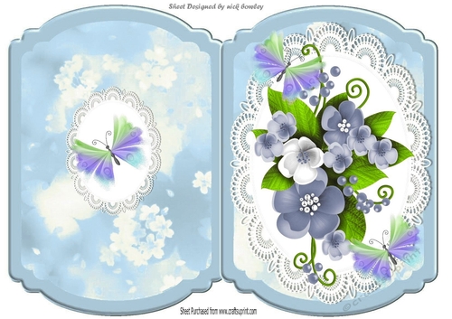 Pretty blue flowers and tropical butterflies bracket card