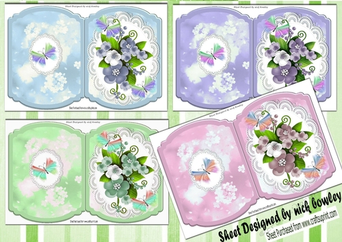  4 Pretty Coloured flowers and tropical butterflies bracket cards mini kit