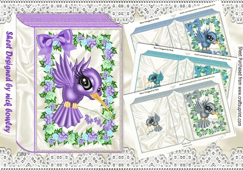  4 Pretty toon  humming birds with flowers and bow folded book mini kit