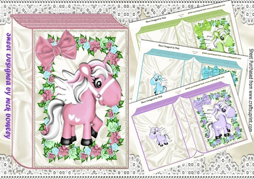 4 Cute Coloured Unicorns wih pretty flowers and bow folded book mini kit