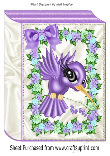  A4 Purple toon  humming bird with flowers and bow folded book Card front 