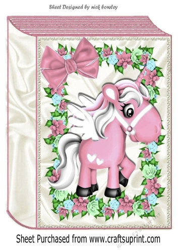 Cute Pink Unicorn wih pretty flowers and bow folded book A4 Card front