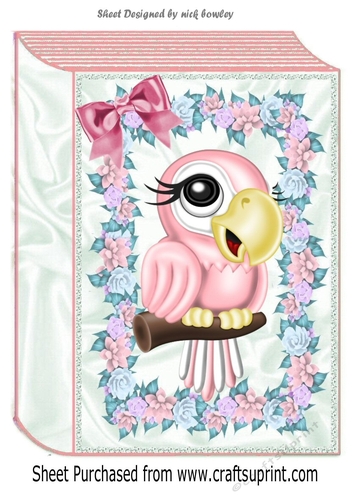 Cute pink parrot with flowers and bow folded book A4 Card front
