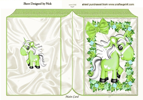  green unicorn wih pretty flowers and bow folded book