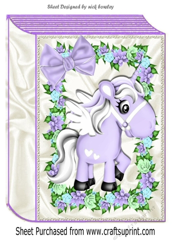 Cute Purple Unicorn wih pretty flowers and bow folded book A4 Card front