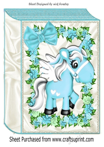 Cute turq Unicorn wih pretty flowers and bow folded book A4 Card front
